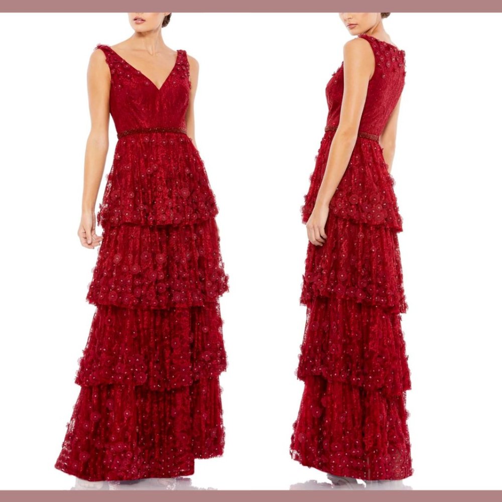 MAC DUGGAL 67710 FLORAL APPLIQUE RUFFLED TIERED SLEEVELESS V-NECK GOWN sz 4